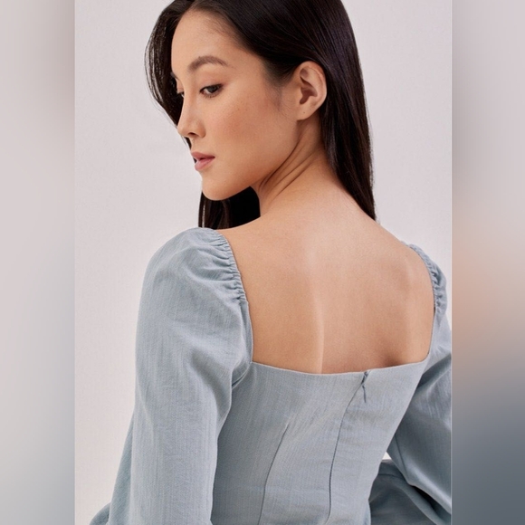 Womens Dusty Blue Zip Up Bustier Top with Elastic Sleeves - Picture 2 of 5